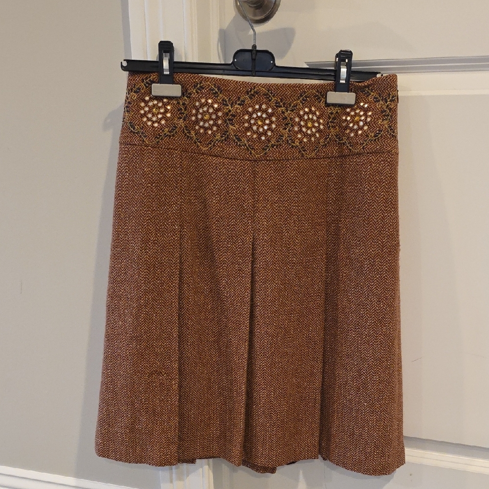 LOFT Brown A-Line Skirt with Embroidery